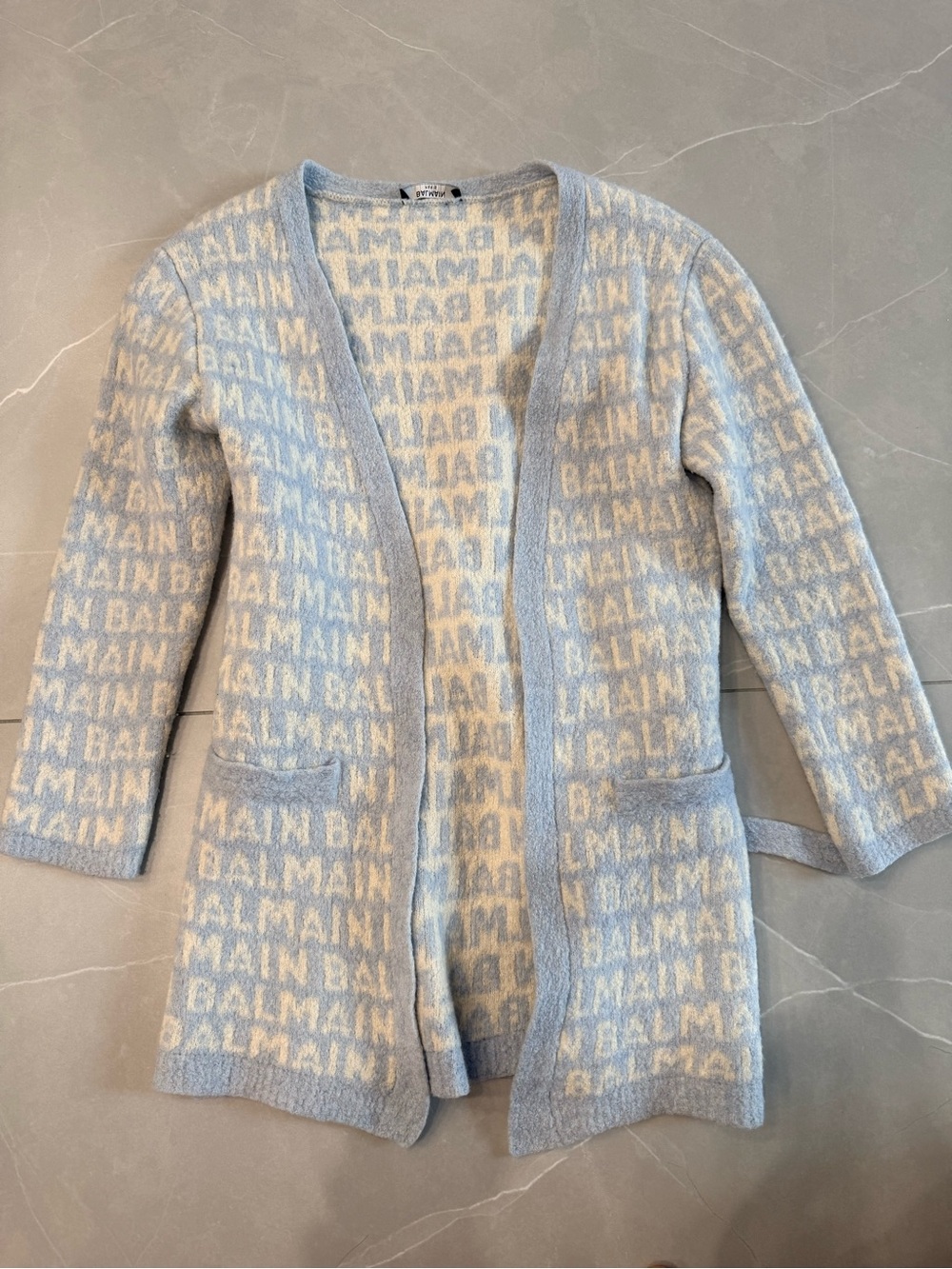 Balmain Pale Blue & Cream Logo Cardigan